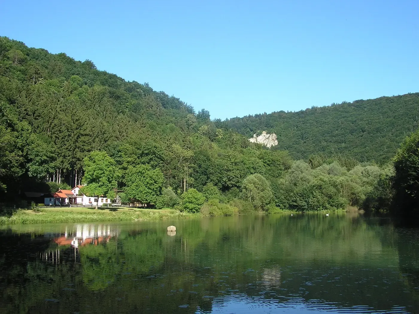 Jakubovo jezero v Moravském krasu mezi zalesněnými svahy